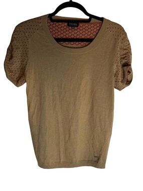 ESCADA SPORT Camel Tan Knit Puff Short Sleeve Eyelet Lace Trim Top Blouse M